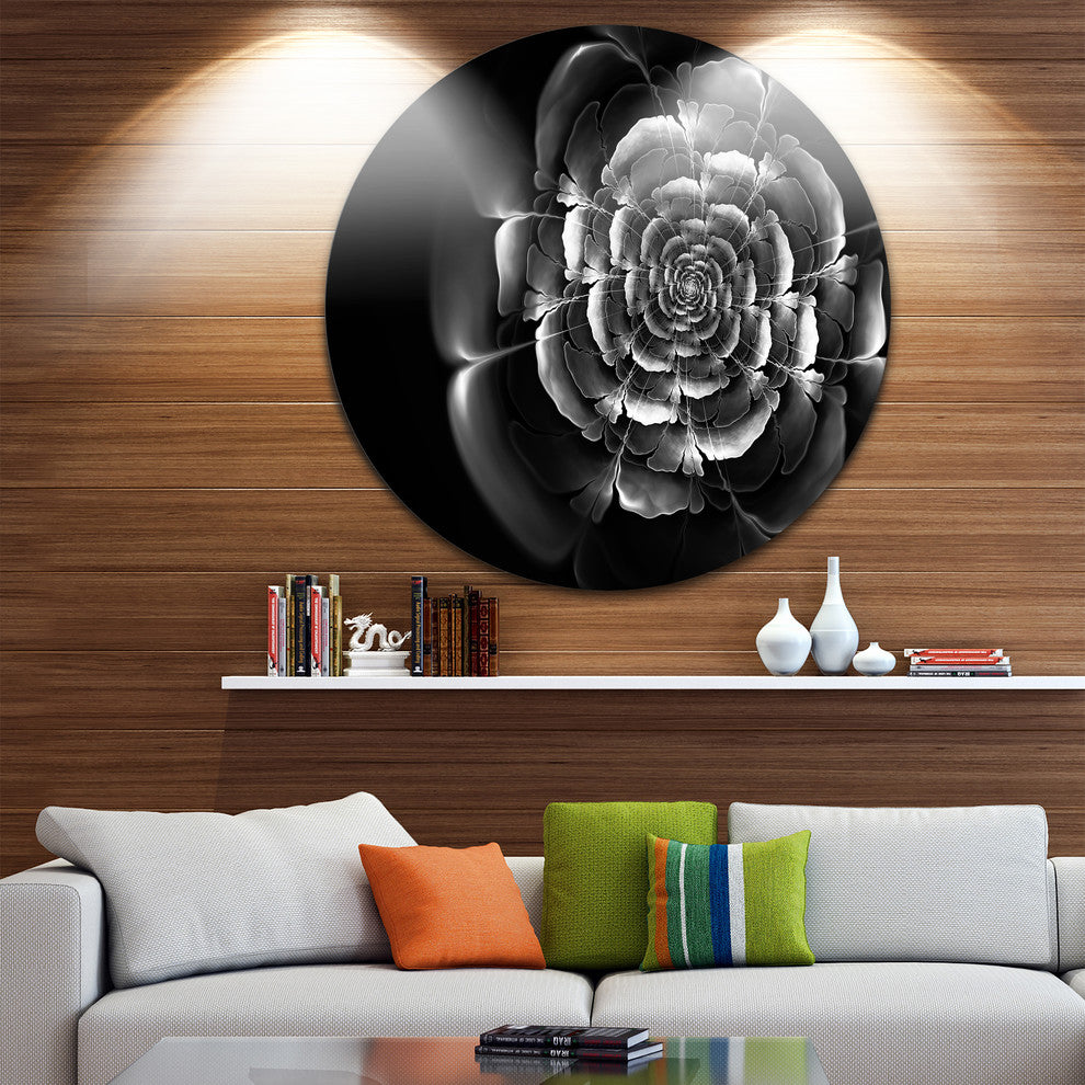 Fractal Silver Rose In Dark, Floral Abstract Art Disc Metal Art, 23"