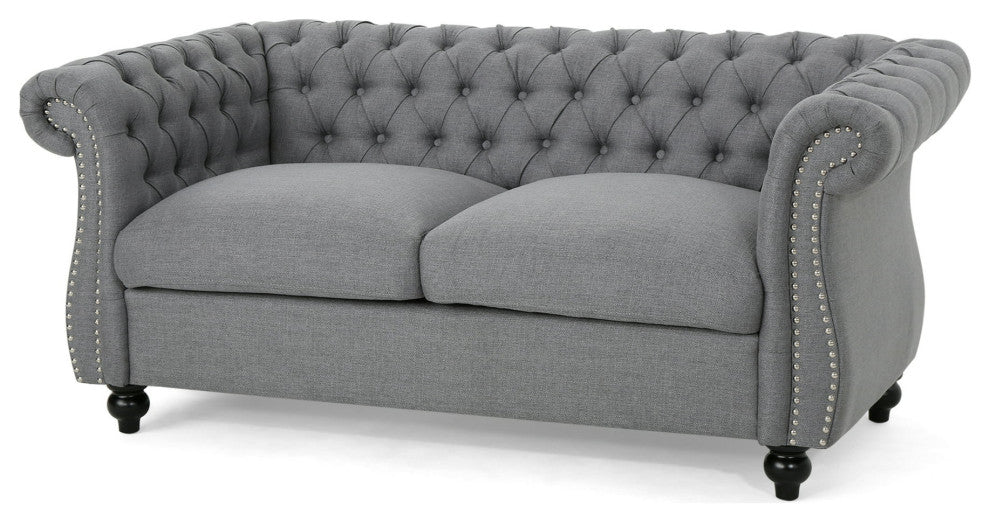 Chesterfield Loveseat, Birchwood Legs With Tufted Back & Rolled Arms, Dark Gray
