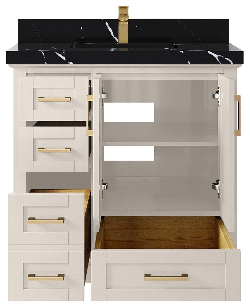 Boston 36" Center Sink Bath Vanity in Fine Grain 2" Calacatta Black