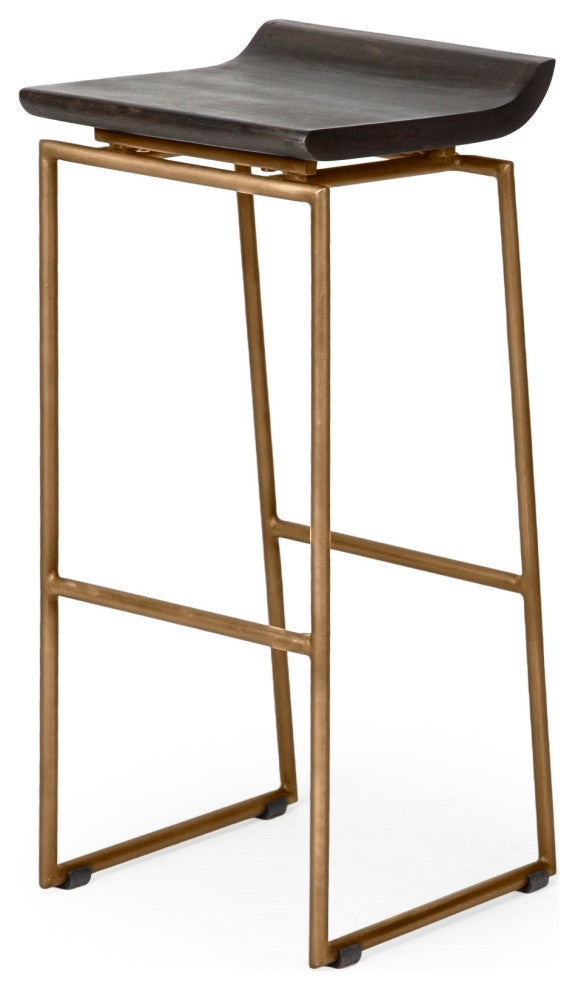 Givens Dark Brown Solid Wood Seat with Gold Metal Frame Bar Stool
