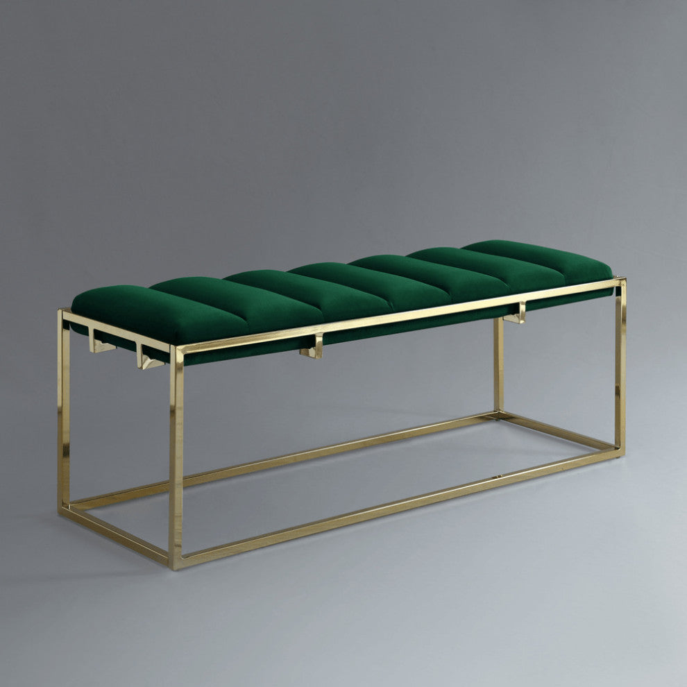 50" Green And Gold Upholstered Velvet Bench