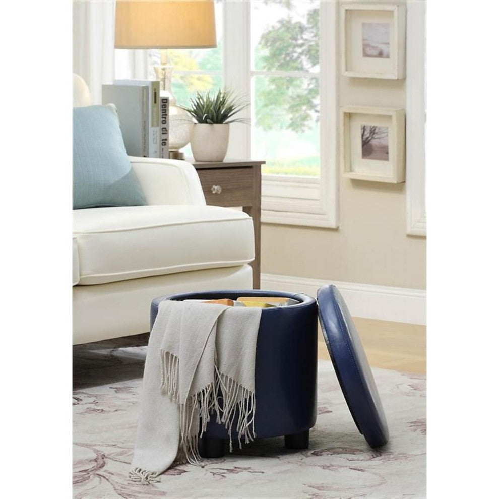 Designs4Comfort Round Accent Storage Ottoman in Blue Faux Leather Fabric