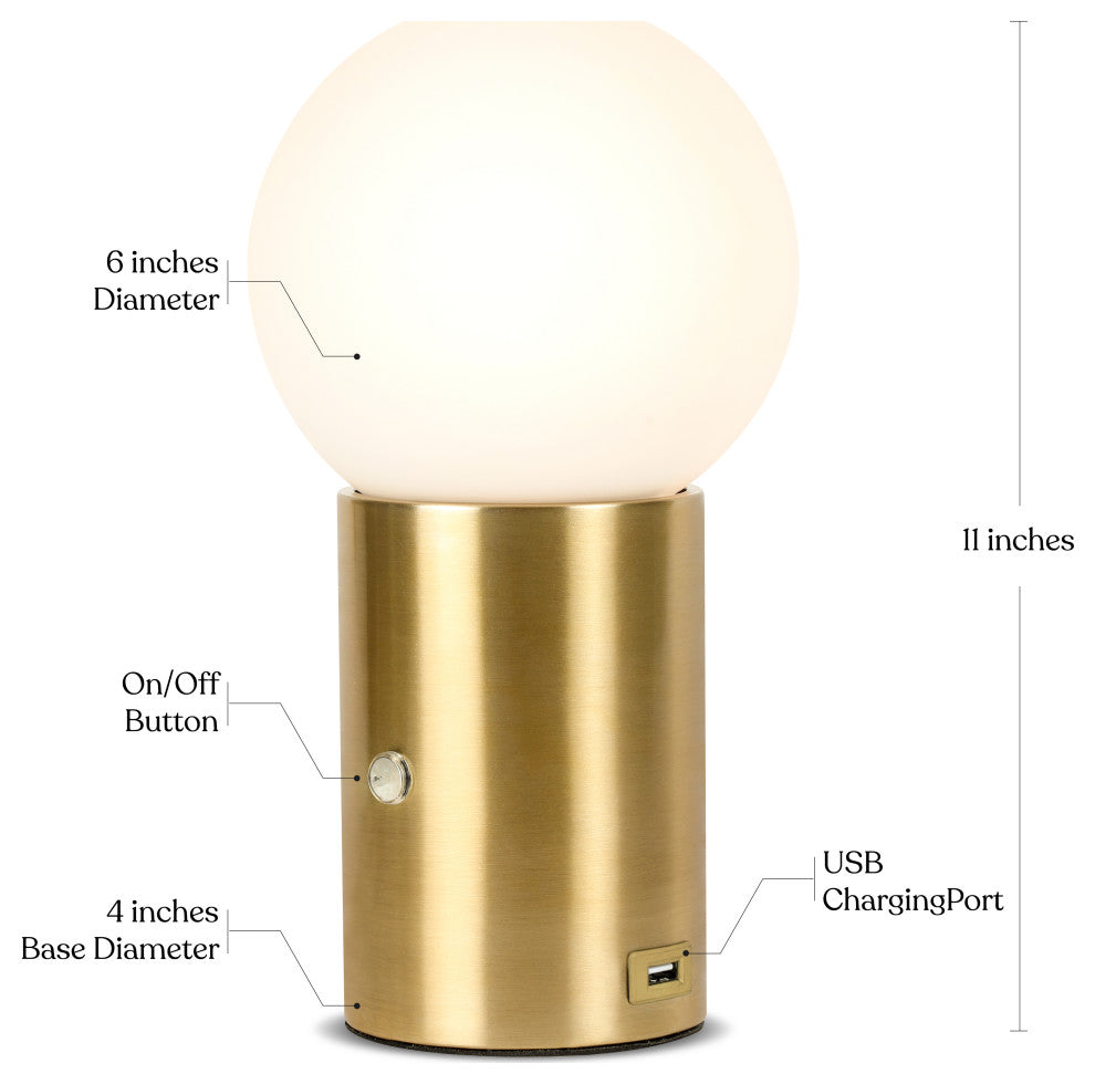 Brightech Kai LED Table Lamp with USB Port, Glass Globe Shade, Stunning Brass