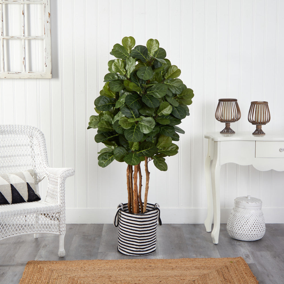 5' Fiddle Leaf Fig Faux Tree, Handmade Black & White, Jute & Cotton Planter