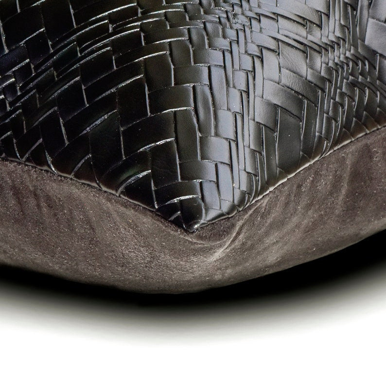 Black Faux Leather Jacquard Silk Marble 12"x22" Pillow Cover - Portoro