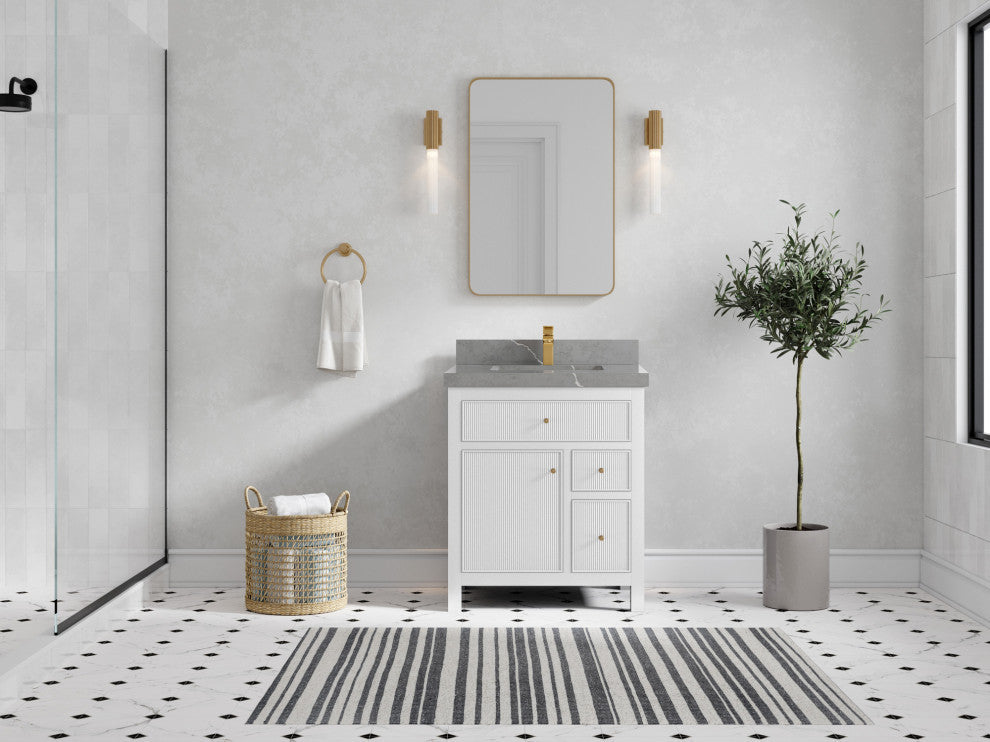Sonoma 30 Single Sink Reeded Bath Vanity in White 2" Piatra Gray