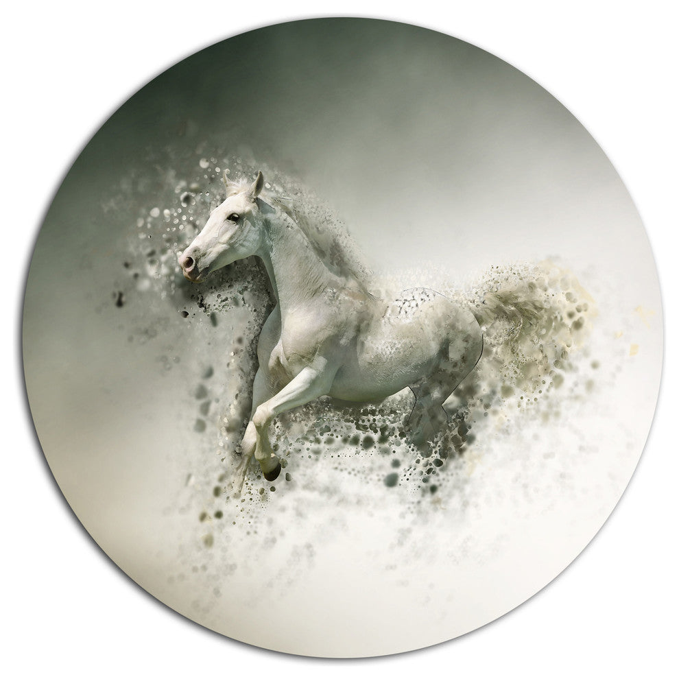 Smart White Horse Running, Animal Disc Metal Wall Art, 23"