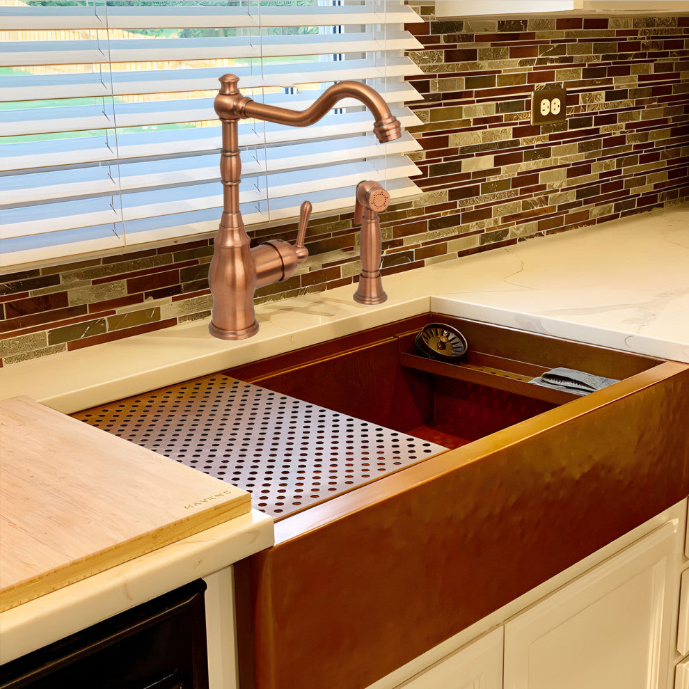 One-Handle Copper Widespread Kitchen Faucet with Side Sprayer, Copper