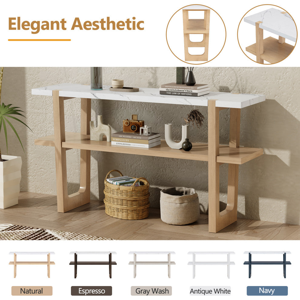 TATEUS Narrow Console Table with Marble-Effect Top for Entryway and Living Room, Natural