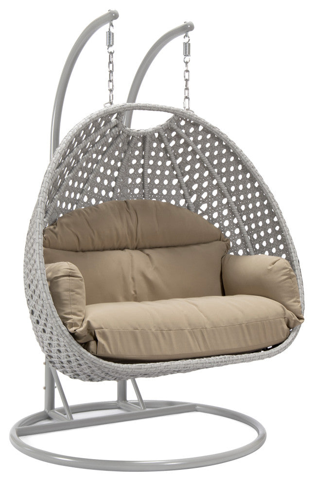 LeisureMod Mendoza Light Gray Wicker Hanging Double Egg Swing Chair, Taupe
