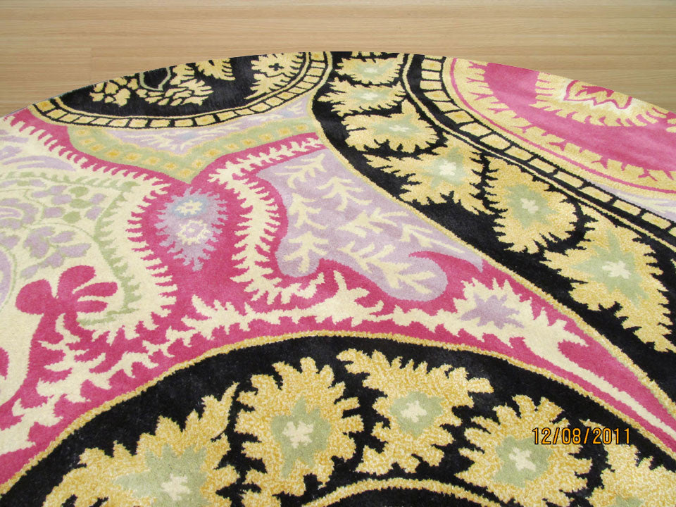 Hand-Tufted Wool Black Contemporary Abstract Paisley Rug, 7'9 Round