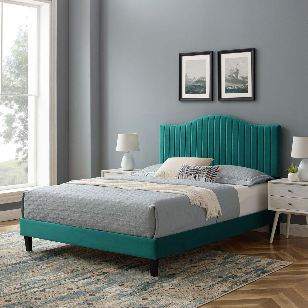 Tufted Platform Bed Frame, King Size, Velvet, Teal Blue, Modern Contemporary