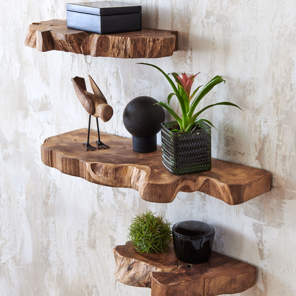 Takara Natural Teak Wood Live Edge Wall Shelf, 11.8x9.8x2in.