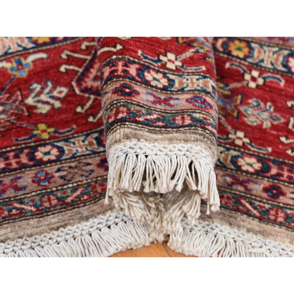 Camel Color Afghan Geometric Super Kazak Shiny Wool Hand Knotted Rug, 8'4"x10'2"