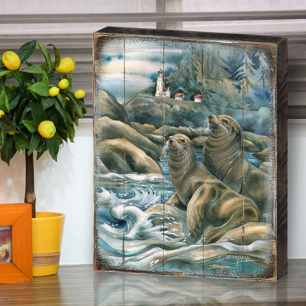 Lions of the Sea Lighthouse Caves Wooden Wall Art, Oversized 48x36