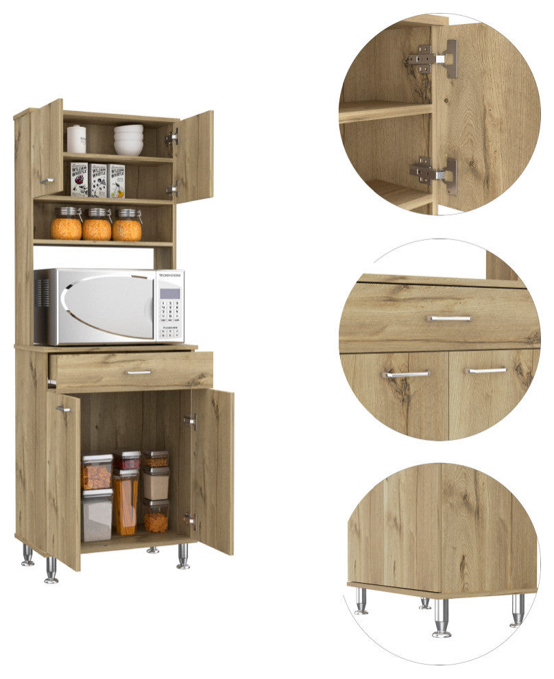 Bay Area Pantry with 2 Cabinets, Drawer, and 2 Open Shelves, Light Oak