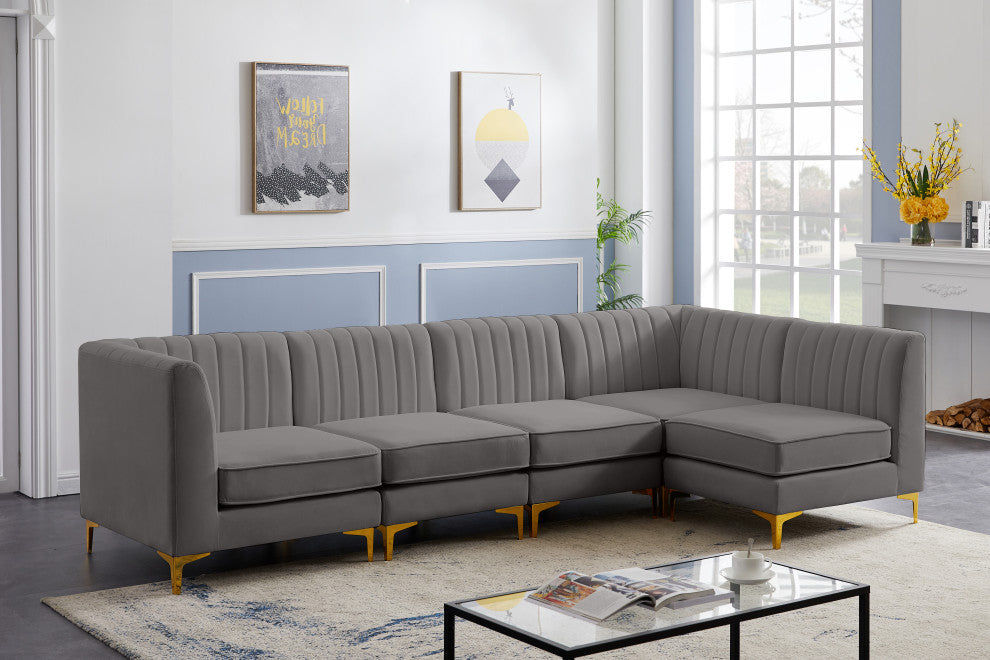 Alina Velvet Modular L-Shaped Modular Sectional, Grey, 5-Piece: 3 Armless Chair, 2 Corner Chair