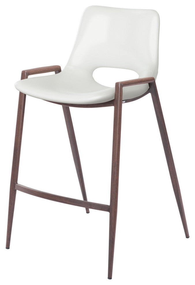 Counter Stool Chair, Set of 2, Faux Vinyl Leather, Steel, White, Walnut