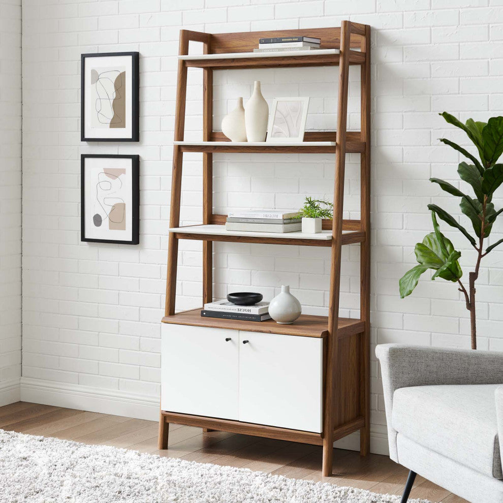 Bookcase Book Shelf Rack, Wood, Brown Walnut White, Modern, Lounge Hospitality