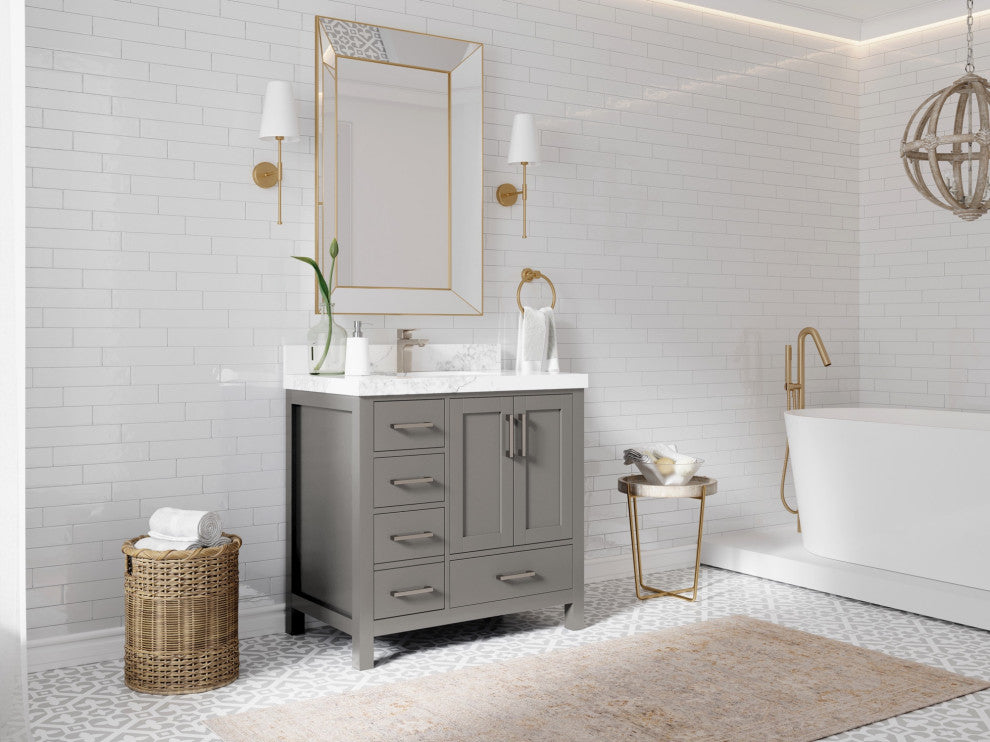 Malibu 36 Center Sink Bath Vanity in Elephant Skin Gray 2" Calacatta Poanazzo