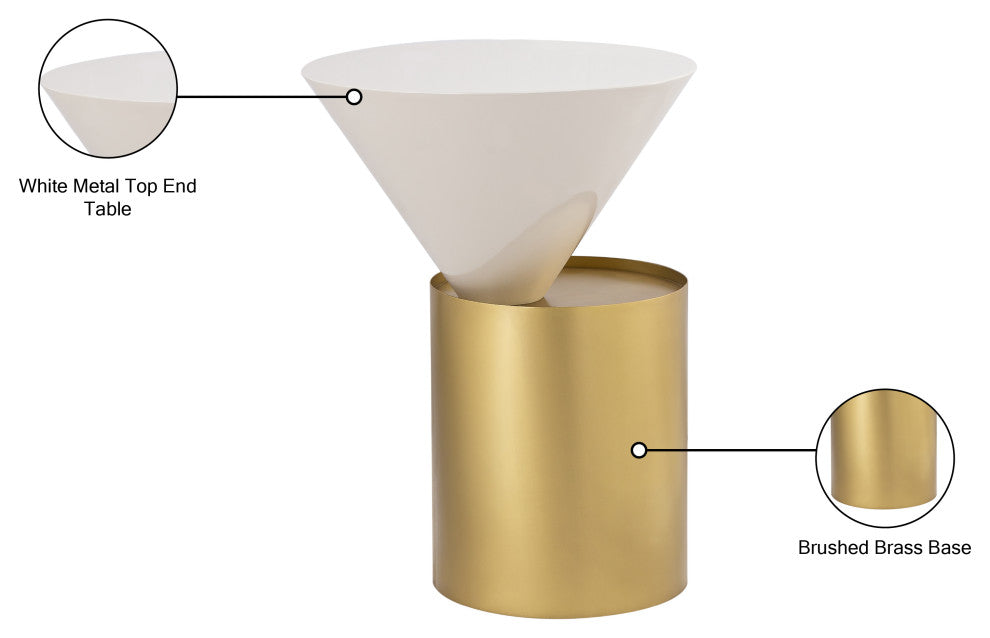Damon White Metal Top End Table, Brushed Brass Base