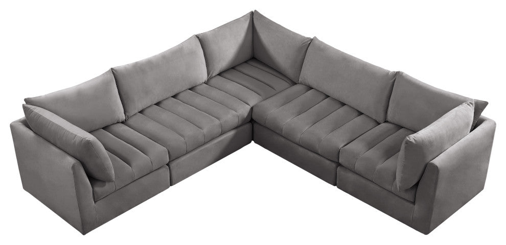 Jacob Velvet Upholstered 5-Piece L-Shaped Modular Sectional, Grey