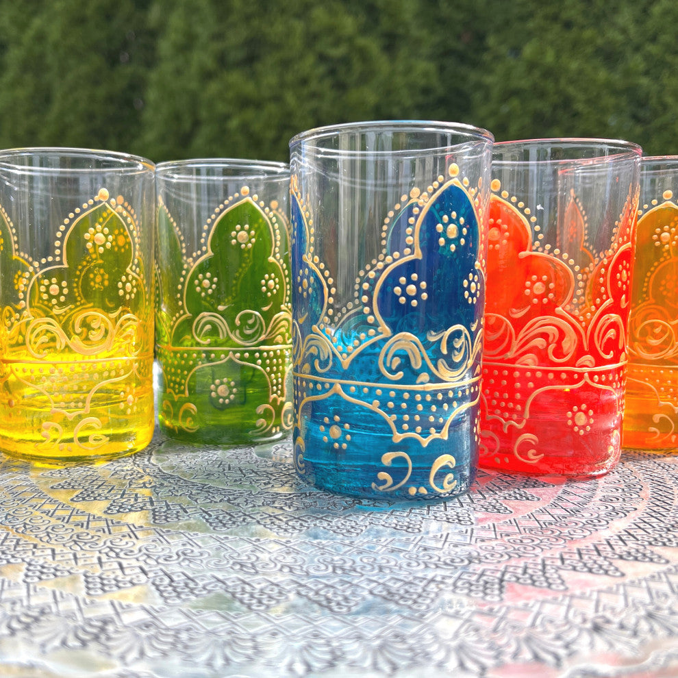 Hand Painted Arabesque Glass Teacups, Set of 6