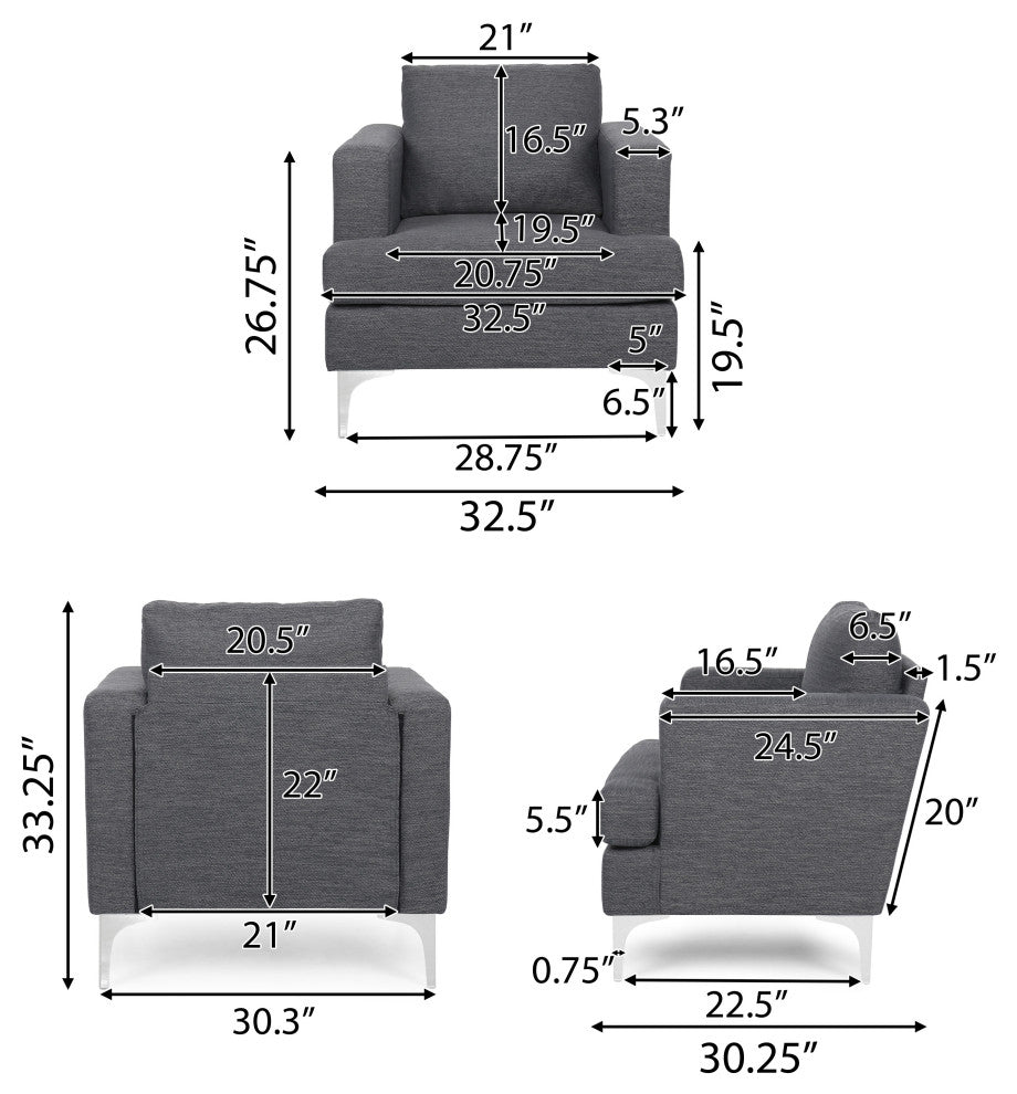 Vue Modern Fabric Upholstered Club Chair, Charcoal/Silver
