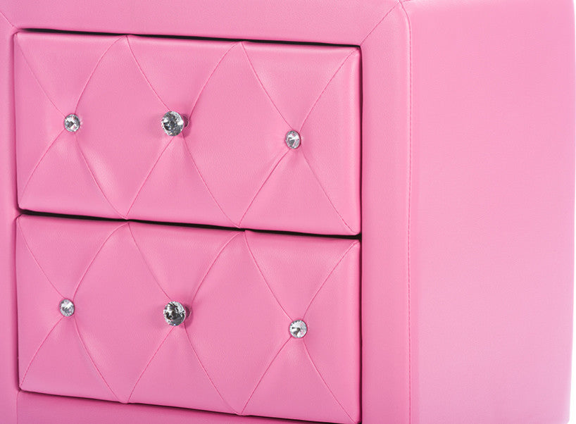 Stella Crystal Tufted Pink Leather Modern Nightstand