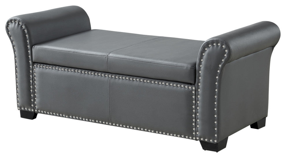 Veber PU Leather Nailhead Trim Storage Ottoman Bench, Gray