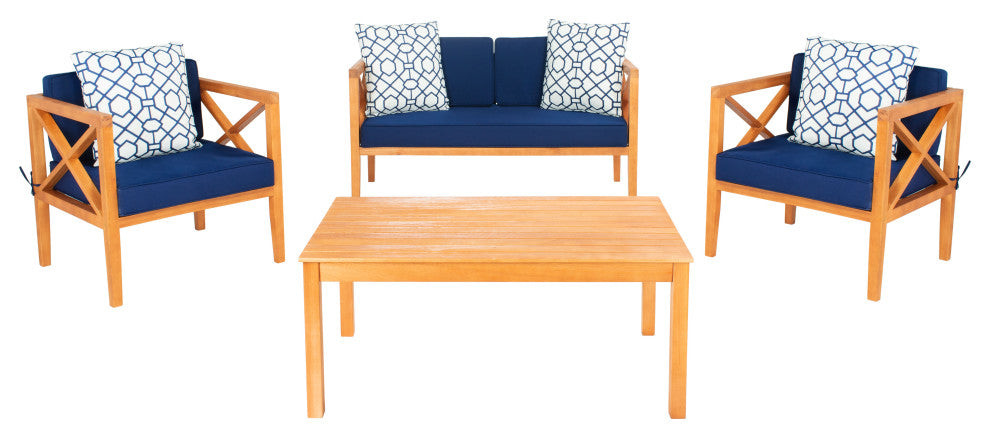 Safavieh Nunzio 4 Piece Indoor-Outdoor Set with Accent Pillows, White/Navy