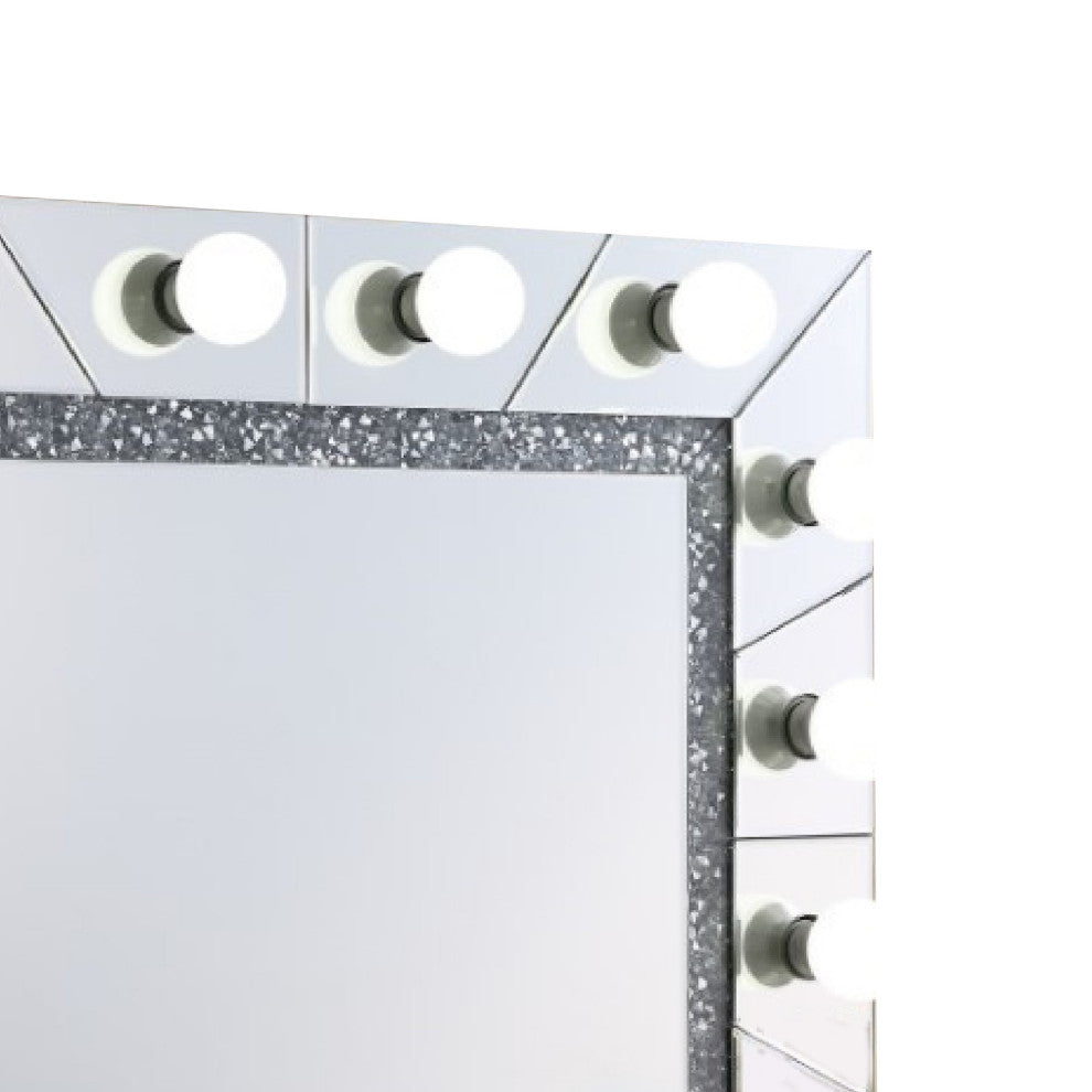 Benzara BM274651 Lighted Wall Mirror, 12 Bulb Sockets, Faux Diamond Trim, Silver