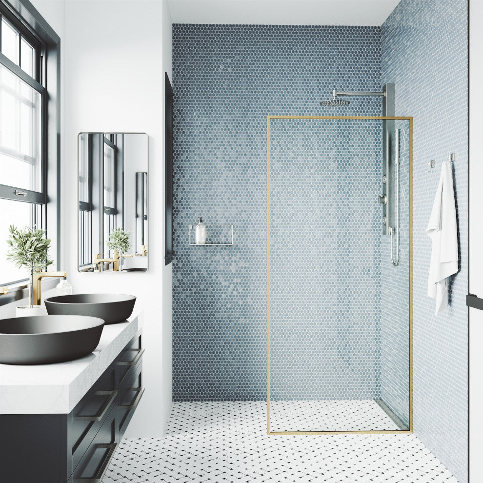 VIGO Meridian Framed Fixed, Matte Brushed Gold, Shower Screen, 34" W X 74" H, Clear Glass