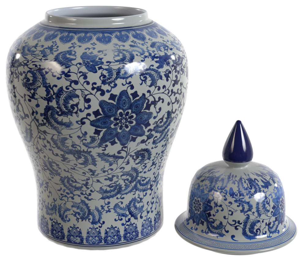 24" Floral Blue and White Porcelain Temple Jar