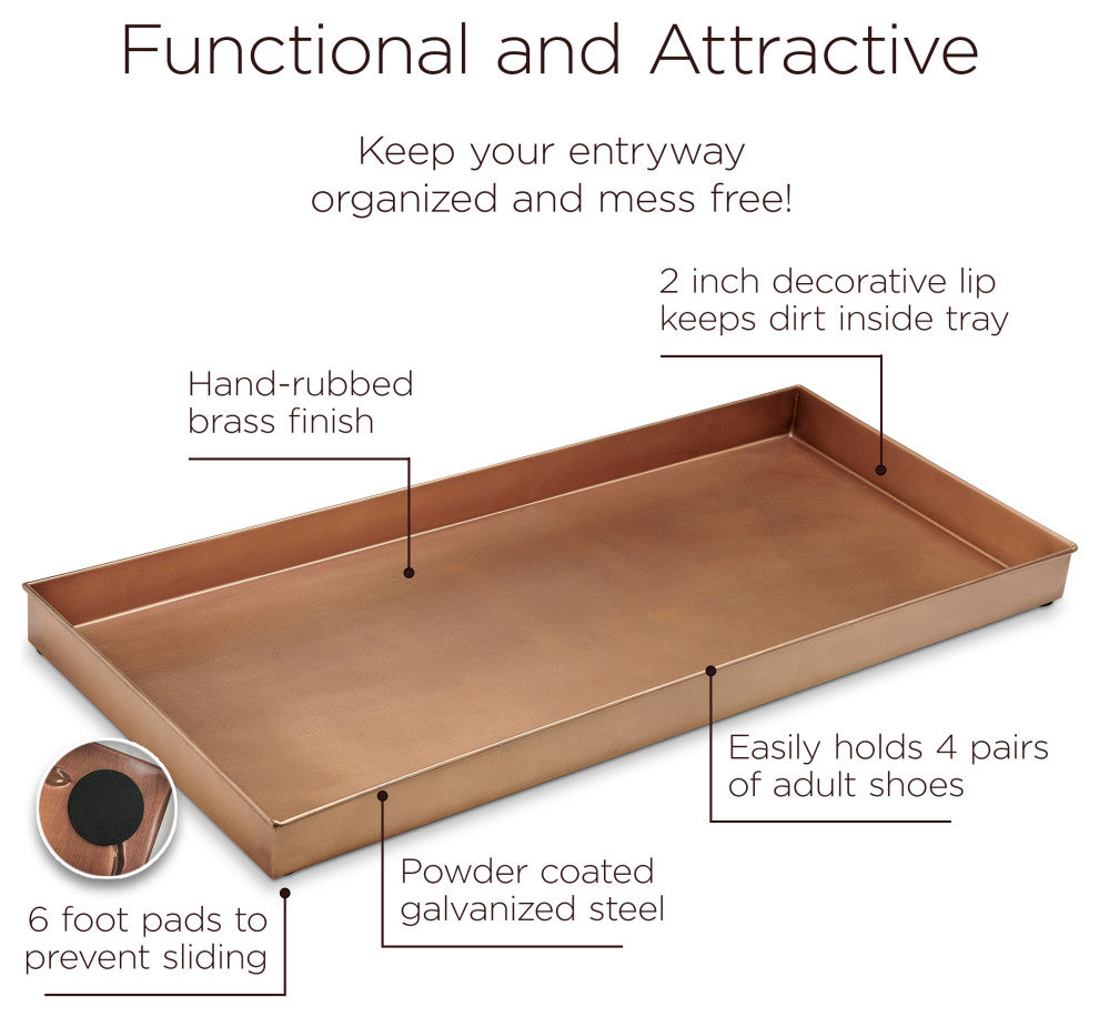 Classic Boot Tray for Boots, Shoes, Plants, Pet Bowls and More, Brass Finish
