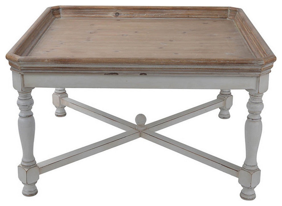 Benzara BM285220 33" Coffee Table, Tray Top, Rustic Fir Wood, Antique White