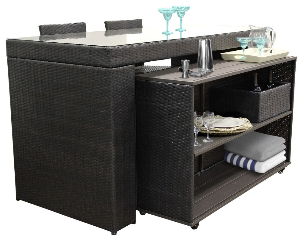 Belle Bar Table Set with Cart, 5 Piece Outdoor Wicker Patio Furniture Espresso