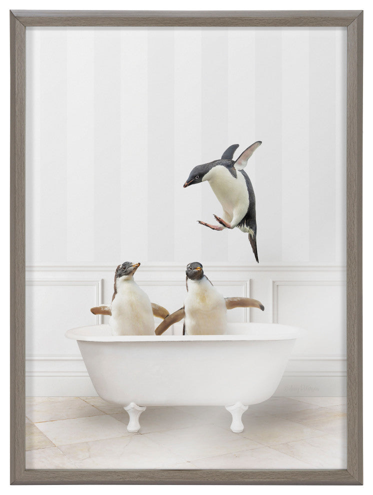 Blake Penguins Bathroom Framed Printed Glass by Amy Peterson, Gray 18x24