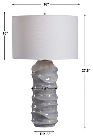 Luxe Blue White Waves Sculpted Ceramic Table Lamp Wavy Cobalt Drip Glaze Coastal