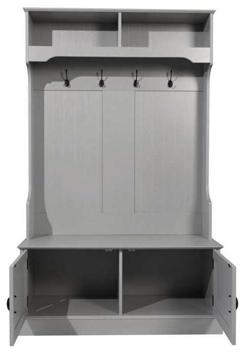 Fraser 40" Double Door Storage Bench, Coat Rack and 2 Upper Storage Cubbies, Gray