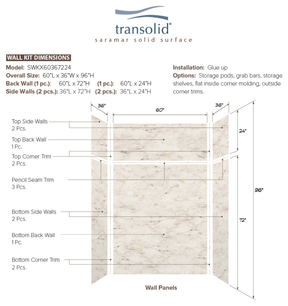 Transolid SaraMar 60"x36"x96" 6-Piece Shower Wall Kit, Biscotti Marble Velvet