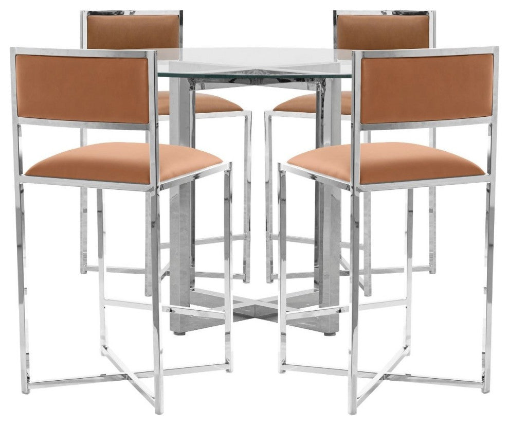 Modus Amalfi 5PC 54" Round Counter Glass Tbl & 4 X-Base Stool Set-Cognac