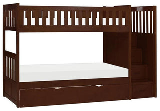 Lexicon Rowe Reversible Step Storage Wood Bunk Bed with Trundle Bed in Cherry
