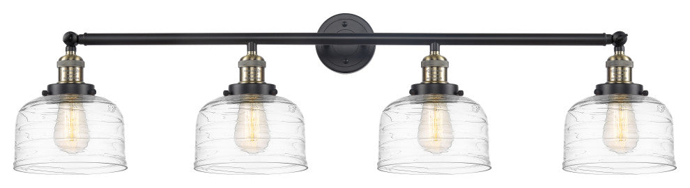 Large Bell 4 Light Bath Vanity Light, Black Antique Brass, Clear Deco Swirl