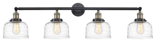 Large Bell 4 Light Bath Vanity Light, Black Antique Brass, Clear Deco Swirl