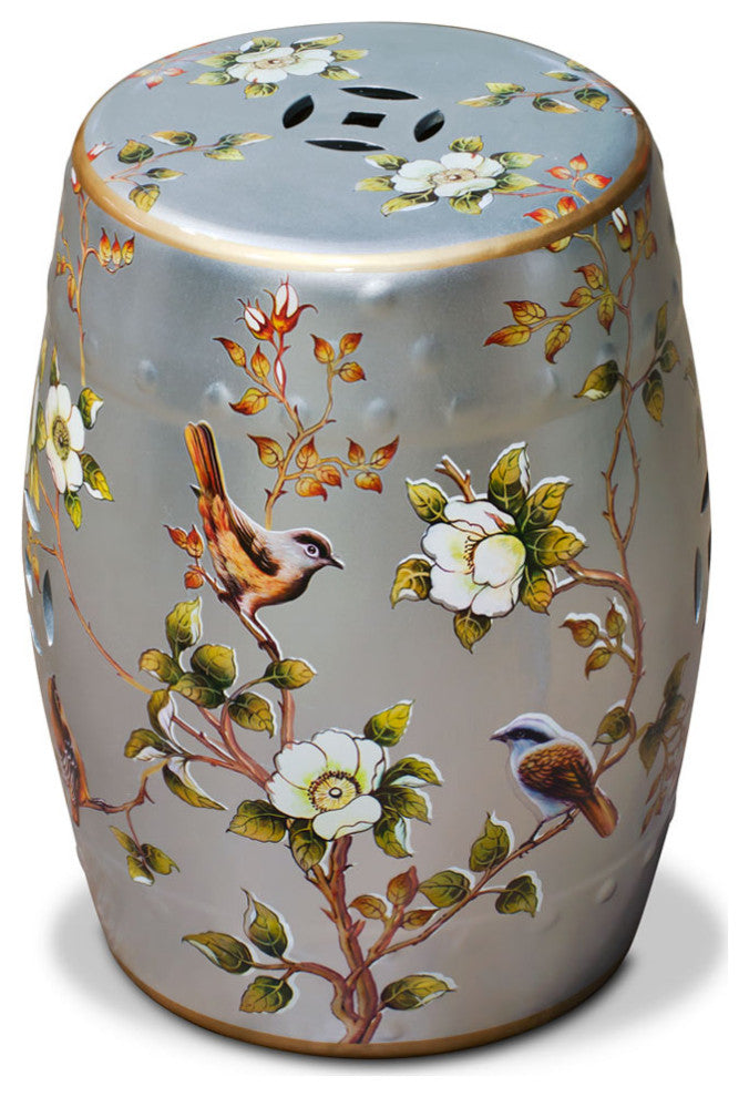 Silver Famille Jaune Peony and Bird Motif Asian Garden Stool
