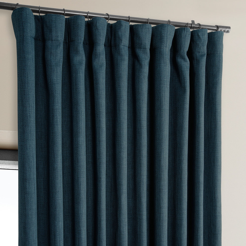 Faux Linen Extra Wide Room Darkening Curtain Single Panel, Story Blue, 100wx108l
