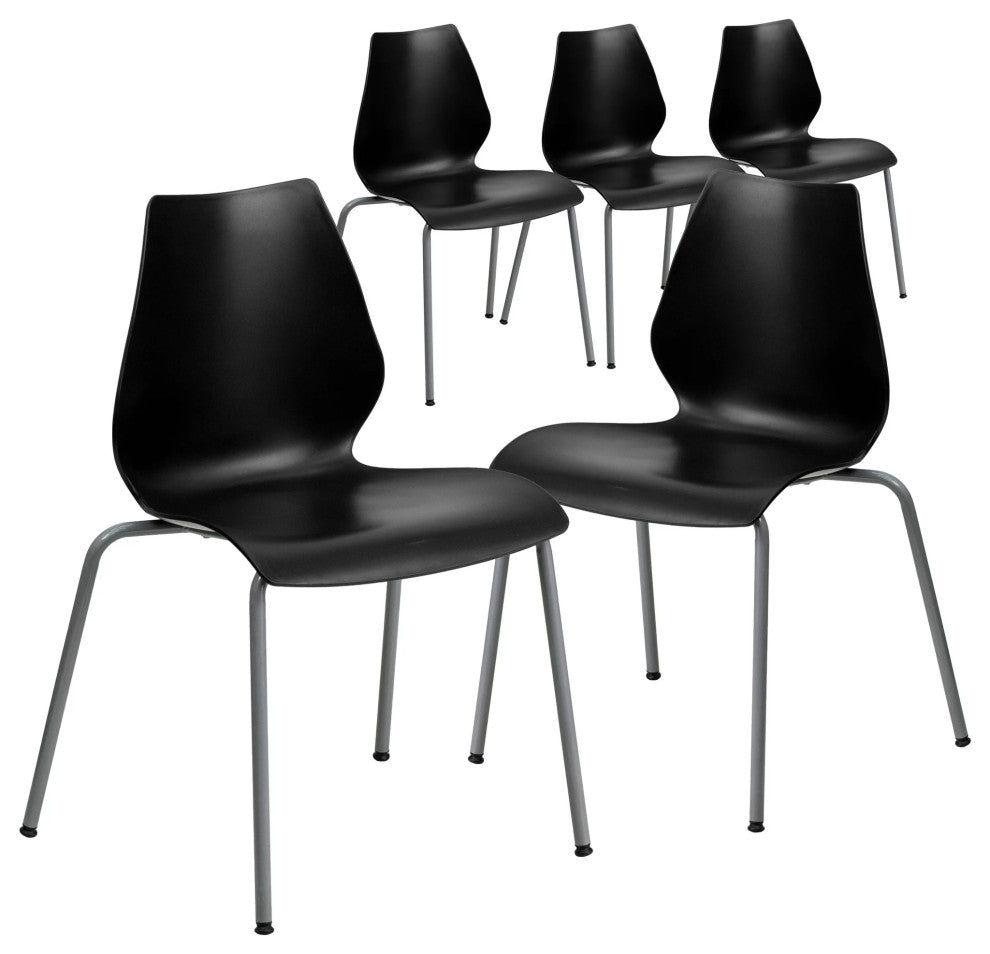 5 Pack Stackable Chair, Multipurpose Design, Plastic Seat & Curved Back, Black