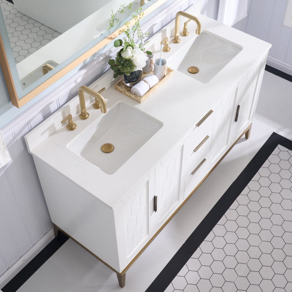 Alison Freestanding Bathroom Vanity with Italian Carrara White Marble Top, White, 60"