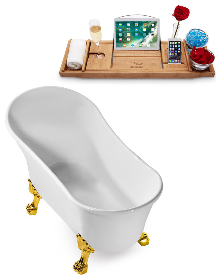 55" Streamline N346GLD-IN-WH Clawfoot Tub and Tray With Internal Drain